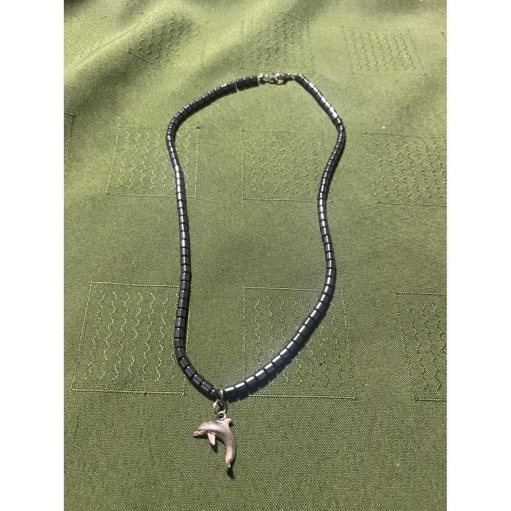 Hematite Bead Necklace with Silver Tone Dolphin Pendant Metallic Grey Jewelry